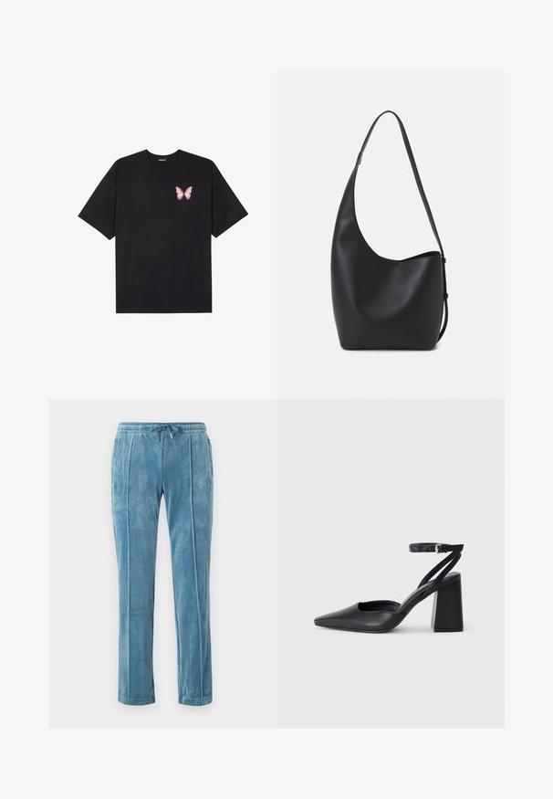 Čierne bavlnené tričko s krátkymi rukávmi, s malým ružovým motýlikom na ľavej hrudi. Design s okrúhlym výstrihom a uvoľneným strihom.; Svetlomodré, mäkké zamatové nohavice s elastickým pásom a šnúrkou, ktoré majú dve bočné vrecká a predné dekoratívne švy.; Čierne kožené lodičky s špicatou špičkou a členkovým remienkom, s masívnym podpätkom. Hladký povrch, elegantný dizajn a minimalistická estetika.; Čierna kožená hobo taška so hladkou textúrou, zakriveným tvarom a jedným nastaviteľným popruhom; má široké otvorenie na vrchu.