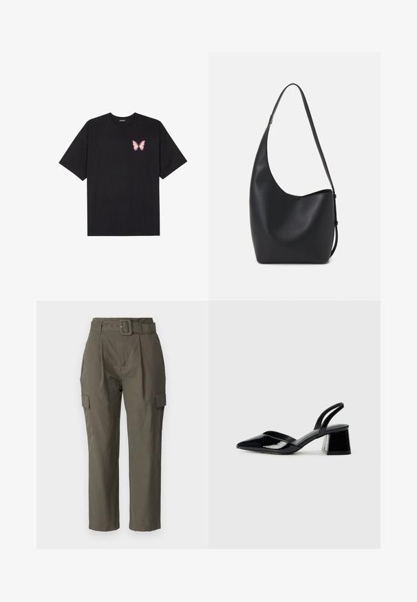 Fekete pamut póló rövid ujjakkal, bal mellkason egy kis rózsaszín pillangó grafikával. Kerek nyakú kialakítás, laza fazonnal.; Olívazöld színű cargo nadrág, könnyű anyagból készült. Jellemzői közé tartozik a deréknál öv, az elülső redők, és a fedeles oldalsó zsebek.; Fekete lakk bőr szandálkés magas sarkú cipő, hegyes orral és geometrikus tömbsarkakkal. Karcsú, minimalista dizájn és sima textúra jellemzi.; Fekete bőr hobo táska sima textúrával, ívelt formával és egyetlen állítható pánttal; széles nyílás található a tetején.