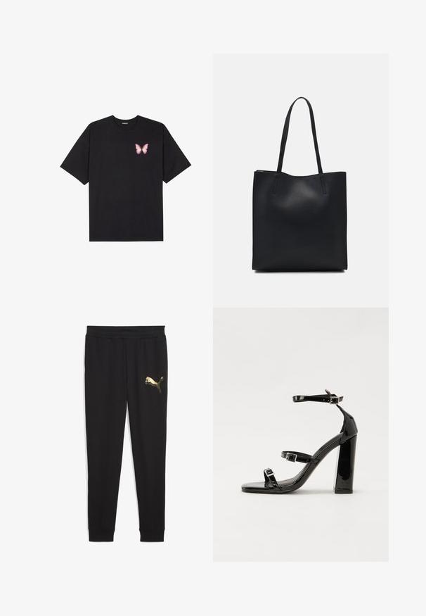 Čierne bavlnené tričko s krátkymi rukávmi, s malým ružovým motýlikom na ľavej hrudi. Design s okrúhlym výstrihom a uvoľneným strihom.; Čierne športové nohavice s zlatým logom Puma. Vyrobené z mäkkej tkaniny, majú elastický pás a zúžené nohavice so zúženými členkami.; Čierne lakované sandále na vysokom opätku s dvoma prackami, štvorcovou špičkou a hrubým blokovým opätkom, s hladkou, lesklou textúrou.; Čierna kožená taška na rameno s hladkým povrchom, obdĺžnikovým tvarom a dvoma dlhými uchami. Bez viditeľného kovania alebo ozdôb.