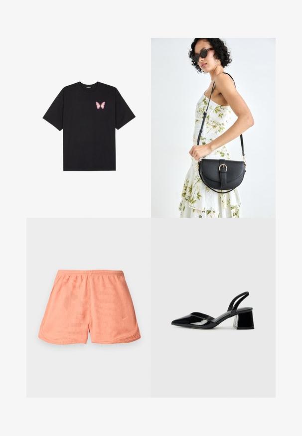 Black cotton t-shirt with short sleeves, featuring a small pink butterfly graphic on the left chest. Crew neck design with a relaxed fit.; Pink ribbed athletic shorts with an elastic waistband and side seams, featuring a small logo on the lower left front.; Black patent leather slingback heels with a pointed toe and a geometric block heel. Features a sleek, minimal design and smooth texture.; Black leather handbag with a curved shape, detachable strap, and gold hardware. The bag features a flap with a buckle detail.
