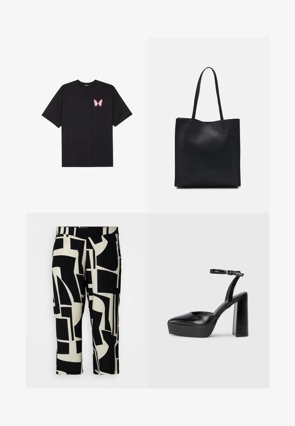 Svart bomulls T-skjorte med korte ermer, med en liten rosa sommerfugl grafikk på venstre bryst. Crew-neck design med en avslappet passform.; Svart og kremfarget abstrakt mønstrede avkuttede bukser med en glatt tekstur og elastisk midje, med geometriske former gjennom hele.; Sorte plattformhelter med spiss tå og justerbar ankelrem. Laget av glatt lær, med en robust blokkhel.; Svart lær tote bag med glatt tekstur, rektangulær form og to lange håndtak. Ingen synlige deler eller dekorasjoner.