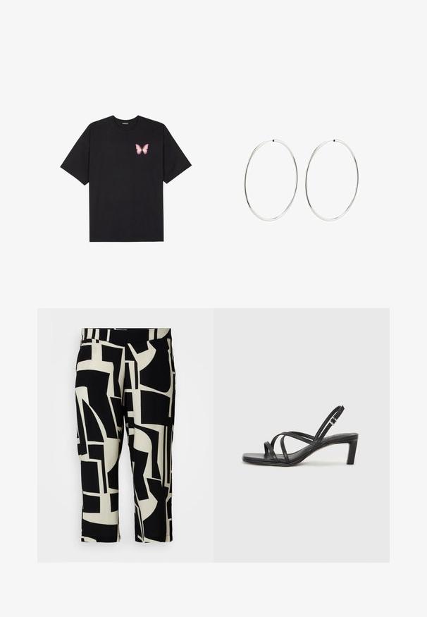 T-shirt en coton noir à manches courtes, avec un petit graphique de papillon rose sur la poitrine gauche. Modèle à col rond avec une coupe décontractée.; Pantalons cropped abstraits noir et crème avec une texture lisse et une taille élastique, ornés de formes géométriques.; Sandale noire à lanières avec un bout carré et un petit talon bloc. Elle présente plusieurs fines lanières et une sangle de cheville ajustable. Fabriquée en cuir lisse.; Boucles d'oreilles en argent avec un design lisse et rond, et une finition polie. Elles sont fines et légères, avec un fermoir simple.