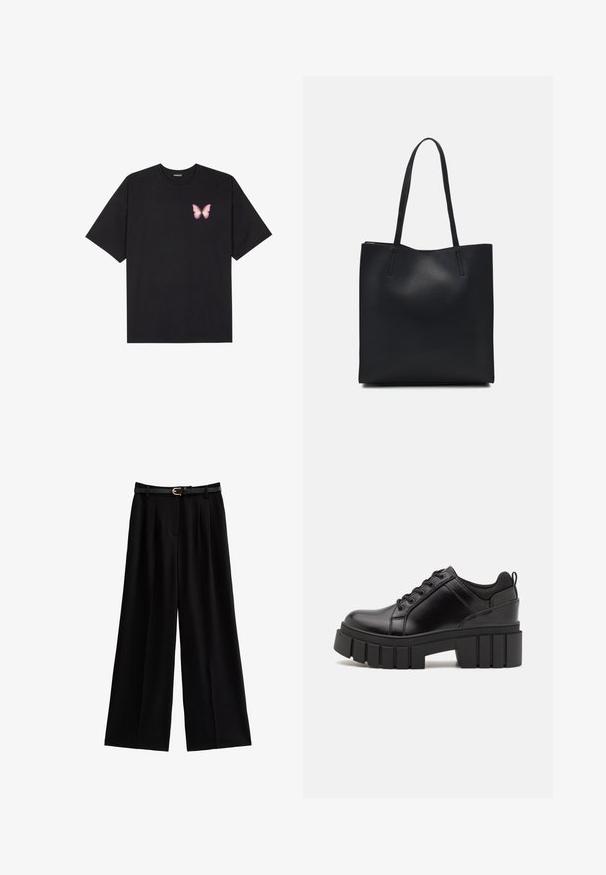Svart bomullströja med korta ärmar, med en liten rosa fjärilsgrafik på vänster bröst. Rundad halsdesign med en avslappnad passform.; Breda svarta byxor i mjukt tyg med skarpa veck och ett texturerat svart bälte med en guldfärgad spänne.; Svarta läderplattformsskor med en kraftig blockklack, rund tå och traditionell snörningsdesign. Har en slät textur och minimal detaljering.; Svart lädertoffelväska med slät textur, rektangulär form och två långa handtag. Ingen synlig hårdvara eller dekorationer.