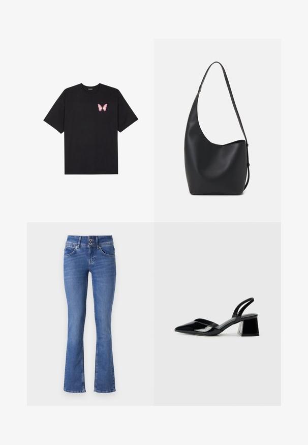 Črna bombažna majica s kratkimi rokavi, ki ima majhen roza metuljček na levi strani prsnega dela. Majica s krožnim ovratnikom in sproščenim krojem.; Modri kavbojke z zasnovo razširjenega noga, z dvojnim gumbom za zapiranje, petimi žepi in subtilnim praskanjem spredaj.; Črne lakirane slingback pete s koničastim nosom in geometrijsko blokasto peto. Imajo eleganten, minimalističen dizajn in gladko teksturo.; Črna usnjena hobo torba z gladko teksturo, ukrivljeno obliko in eno nastavljivo naramnico; ima širok odprtina na vrhu.