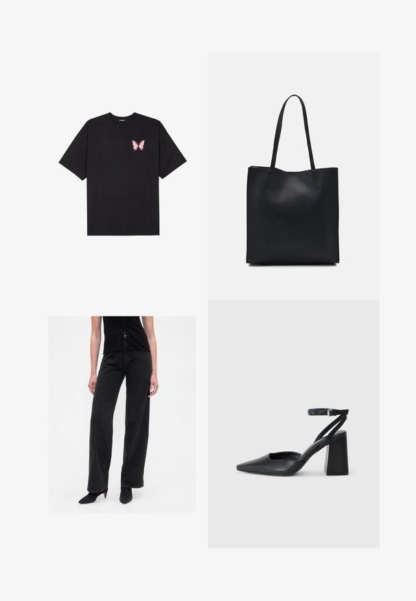 Črna bombažna majica s kratkimi rokavi, ki ima majhen roza metuljček na levi strani prsnega dela. Majica s krožnim ovratnikom in sproščenim krojem.; Visoke črne kavbojke z sproščenim krojem, izdelane iz jeansa, z sprednjimi žepi, gumbasto zaponko in ravnim krojem nog. ; Črne usnjene klasične čevlje z ostrim nosom, z zaponko za gleženj in debelim peto. Ravna tekstura, eleganten dizajn in minimalistična estetika.; Črna usnjena torba s svilnato teksturo, pravokotne oblike in dvema dolgima ročajema. Brez vidnih metalnih delov ali okrasnih elementov.