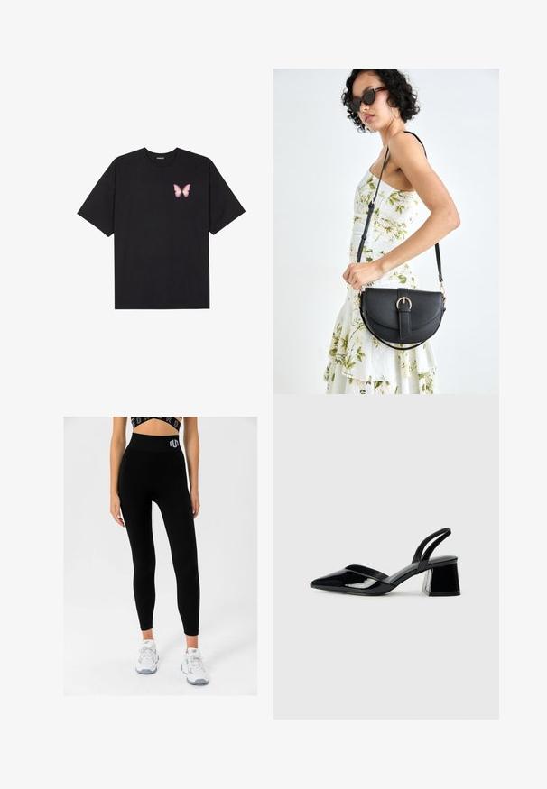 Melna kokvilnas T-krekls ar īsām piedurknēm, kuram priekšā kreisajā pusē ir neliels rozā tauriņa grafiskais attēls. Ar apaļu kaklu un brīvā stila piegriezumu.; Melni riboti legingi ar augsto jostasvietu, uz kuras ir logo, kombinēti ar baltām sporta kedām, demonstrējot pieguļošu dizainu un mīkstu tekstūru.; Melna lakota āda ar atvērto papēdi, ar smailu purngalu un ģeometrisku blokpapēdi. Iezīmējas elegants, minimāls dizains un gluda tekstūra.; Melnas ādas rokassoma ar izliekta formu, noņemamu siksnu un zelta aksesuāriem. Somai ir vāciņš ar sprādzes detaļu.