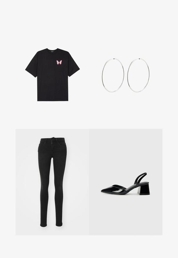 Melna kokvilnas T-krekls ar īsām piedurknēm, kuram priekšā kreisajā pusē ir neliels rozā tauriņa grafiskais attēls. Ar apaļu kaklu un brīvā stila piegriezumu.; Melni skinny džinsi, kas izgatavoti no denima, ar augstu jostasvietu, piecām kabatām, priekšējo rāvējslēdzēju un gludu tekstūru.; Melna lakota āda ar atvērto papēdi, ar smailu purngalu un ģeometrisku blokpapēdi. Iezīmējas elegants, minimāls dizains un gluda tekstūra.; Sudraba riņķa auskari ar gludu, apaļu dizainu un pulētu apdari. Tie ir plāni un viegli, ar vienkāršu aizdari.