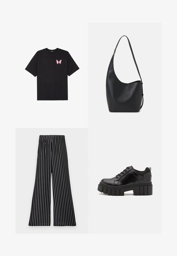 Fekete pamut póló rövid ujjakkal, bal mellkason egy kis rózsaszín pillangó grafikával. Kerek nyakú kialakítás, laza fazonnal.; Fekete-fehér csíkozású, bő szárú nadrág, rugalmas derékrésszel, lágy, rugalmas anyagból készült függőleges csíkokkal.; Fekete bőr platform cipők vaskos blokk sarkakkal, kerek orral és hagyományos fűzős kialakítással. Simára csiszolt felület és minimális részletezés jellemzi.; Fekete bőr hobo táska sima textúrával, ívelt formával és egyetlen állítható pánttal; széles nyílás található a tetején.