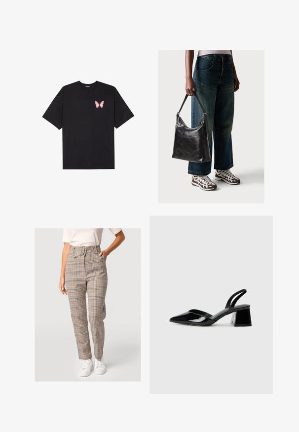 Černé bavlněné tričko s krátkým rukávem, na levém prsou s malou grafikou růžové motýlky. Design s kruhovým výstřihem a volným střihem.; Kalhoty s vysokým pasem v bílo-hnědém kostkovaném vzoru s modrými a oranžovými akcenty, vyznačující se detailem opasku, rovnými nohavicemi a hladkou texturou látky.; Černé lakované kožené lodičky na pásku s špičatou špičkou a geometrickým blokovým podpatkem. Vyznačují se elegantním, minimalistickým designem a hladkým povrchem.; Černá kožená kabelka přes rameno se hladkým povrchem a nastavitelným popruhem, spárovaná s vybledlými džínami širokého střihu a sportovními teniskami.