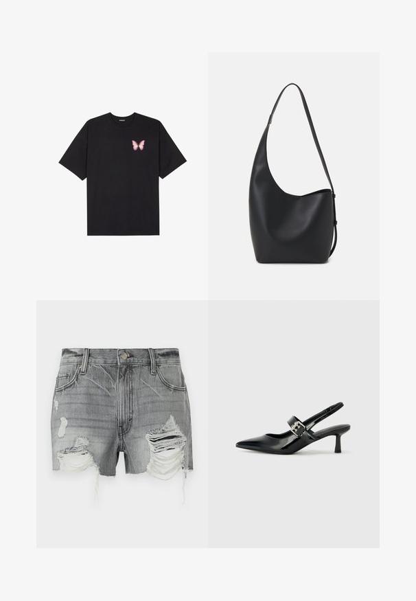 Sort bomulds T-shirt med korte ærmer, prydet med en lille pink sommerfugl grafik på venstre bryst. Rund hals design med en afslappet pasform.; Grå denimshorts med frayed kanter og flere slidte områder, med knaplukning og to frontlommer.; Sorte laker slingback hæle med spids tå og en lille blokhæl, med en sølvspændeaccent på remmen.; Sort læder hobo taske med en glat overflade, buet form og en enkelt justerbar rem; har en bred åbning øverst.