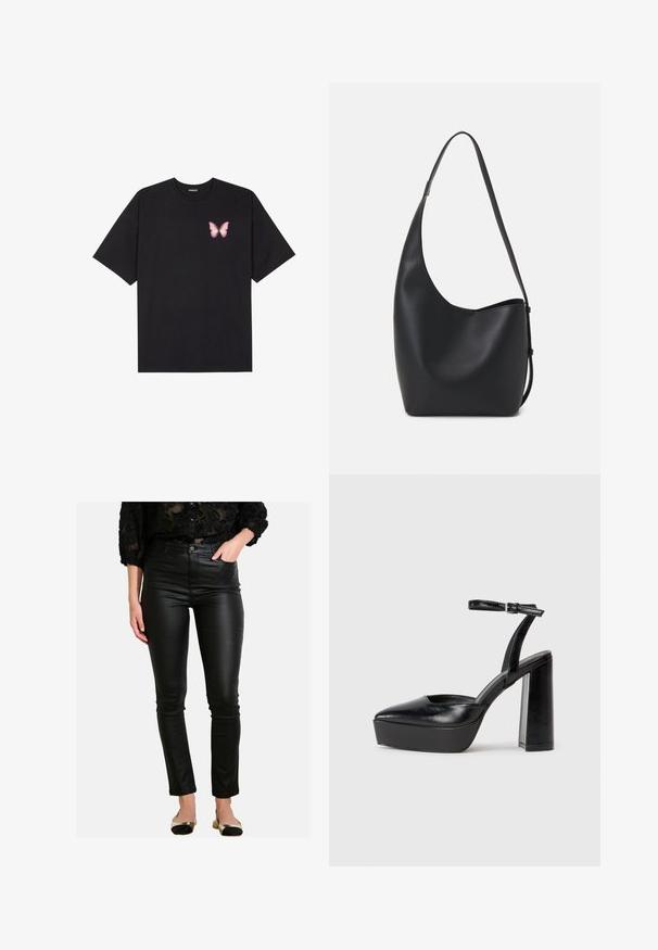 Črna bombažna majica s kratkimi rokavi, ki ima majhen roza metuljček na levi strani prsnega dela. Majica s krožnim ovratnikom in sproščenim krojem.; Črne dolge hlače iz umetnega usnja s slim krojem in visokim pasom ter gladko teksturo, z sprednjim gumbom in minimalnimi šivi.; Črne platforme z visokimi petami in koničastim nosom ter nastavljivim gležnjenjskim trakom. Narejene iz gladke usnje, s kockasto peto.; Črna usnjena hobo torba z gladko teksturo, ukrivljeno obliko in eno nastavljivo naramnico; ima širok odprtina na vrhu.