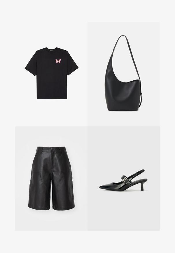 T-shirt nera in cotone con maniche corte, caratterizzata da una piccola grafica di una farfalla rosa sul lato sinistro del petto. Design a girocollo con una vestibilità rilassata.; Pantaloni corti in pelle nera con taglio dritto, dotati di due tasche frontali e dettagli di cucitura sottili. Texture liscia e materiale resistente.; Décolleté neri in vernice con punta affilata e tacco a blocco piccolo, dotati di un accentuato con fibbia argentata sulla cinturino.; Borsa hobo nera in pelle con una superficie liscia, forma curvata e una singola tracolla regolabile; presenta un'ampia apertura nella parte superiore.