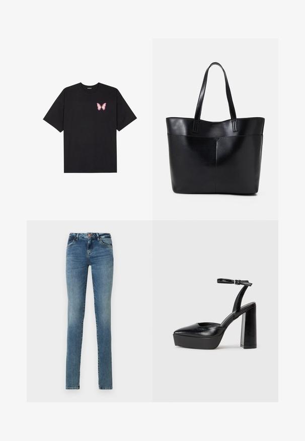 Fekete pamut póló rövid ujjakkal, bal mellkason egy kis rózsaszín pillangó grafikával. Kerek nyakú kialakítás, laza fazonnal.; Fénykék denimből készült, skinny fazonú farmernadrág, gombos záródással, öt zsebbel, diszkrét kopással és klasszikus dizájnnal.; Fekete platform magassarkú cipők hegyes orral és állítható bokapánttal. Sima bőrből készült, vastag talppal.; Fekete bőr bevásárlótáska két hosszú fogantyúval, sima felülettel és strukturált formával. Elülső zseb található rajta a plusz tárolás érdekében.