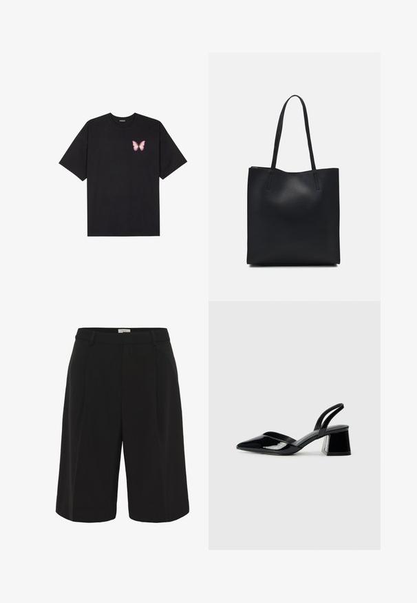 Must muströöpidega must puuvillane T-särk, vasakul rinnal on väike roosa liblikas. Ümar kaelus ja vabalt istuv lõige.; Part Two KAIRAPW - Lühikesed püksid - black; Mustad musta lakknahk kingad, millel on terav varvas ja geomeetriline plokkkonts. Omab elegantselt minimalistlikku disaini ja sujuvat tekstuuri.; Mustast nahast kott sujuva tekstuuriga, ristkülikukujuline ja kahe pika sangaga. Pole nähtavat riistvara ega kaunistusi.