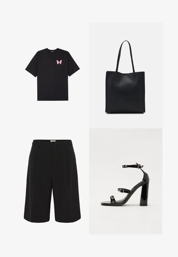 Čierne bavlnené tričko s krátkymi rukávmi, s malým ružovým motýlikom na ľavej hrudi. Design s okrúhlym výstrihom a uvoľneným strihom.; Part Two KAIRAPW - Šortky - black; Čierne lakované sandále na podpätku so štvorcovou špičkou, navlečenými remienkami okolo členku a striebornými prackami. Disponujú masívnym blokovým podpätkom pre stabilitu.; Čierna kožená taška na rameno s hladkým povrchom, obdĺžnikovým tvarom a dvoma dlhými uchami. Bez viditeľného kovania alebo ozdôb.