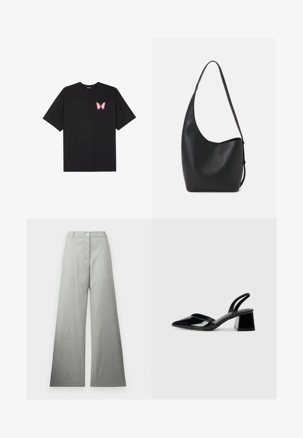Černé bavlněné tričko s krátkým rukávem, na levém prsou s malou grafikou růžové motýlky. Design s kruhovým výstřihem a volným střihem.; Světle šedé kalhoty s širokými nohavicemi vyrobené z texturované tkaniny, které mají přední zapínání na knoflík a hladký plochý pas. Bez viditelných vzorů či akcentů.; Černé lakované kožené lodičky na pásku s špičatou špičkou a geometrickým blokovým podpatkem. Vyznačují se elegantním, minimalistickým designem a hladkým povrchem.; Černá kožená hobo taška s hladkým povrchem, zakřiveným tvarem a jedním nastavitelným popruhem; má široké otevírání nahoře.