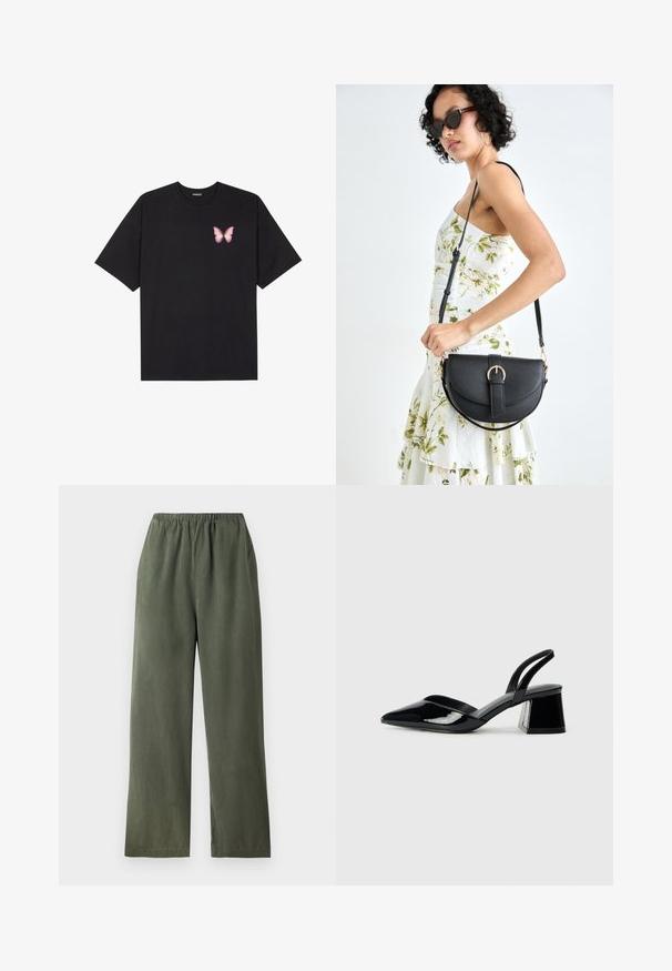 Fekete pamut póló rövid ujjakkal, bal mellkason egy kis rózsaszín pillangó grafikával. Kerek nyakú kialakítás, laza fazonnal.; Zöld, bő szárú nadrág, puha anyagból, rugalmas derékrésszel. Simaság jellemzi, és egyszerű, minimalista dizájnnal rendelkezik.; Fekete lakk bőr szandálkés magas sarkú cipő, hegyes orral és geometrikus tömbsarkakkal. Karcsú, minimalista dizájn és sima textúra jellemzi.; Fekete bőrtáska ívelt formával, levehető pánttal és arany színű fémrészekkel. A táskán egy csattal díszített fedél található.