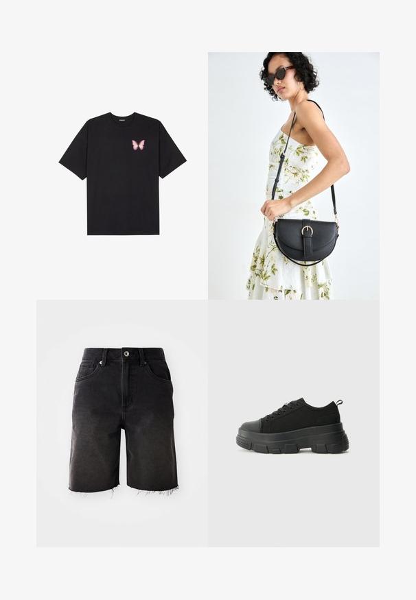 Czarny bawełniany t-shirt z krótkim rękawem, z małym różowym motylkiem na lewej piersi. Klasyczny dekolt z luźnym fasonem.; Czarne szorty dżinsowe z wyblakłym kolorem, postrzępionym dołem, klasycznym pięciopunkowym designem oraz zapięciem na jeden guzik. Grube szwy akcentujące w całym projekcie.; Czarne sneakersy z masywną gumową podeszwą, teksturowaną górną częścią, okrągłym noskiem i sznurowanym zapięciem. Posiadają wzmocnione oczka i pętelkę z tyłu.; Czarna skórzana torebka o zakrzywionym kształcie, z odpinanym paskiem i złotymi akcentami. Torebka posiada klapę z zapięciem w kształcie klamry.