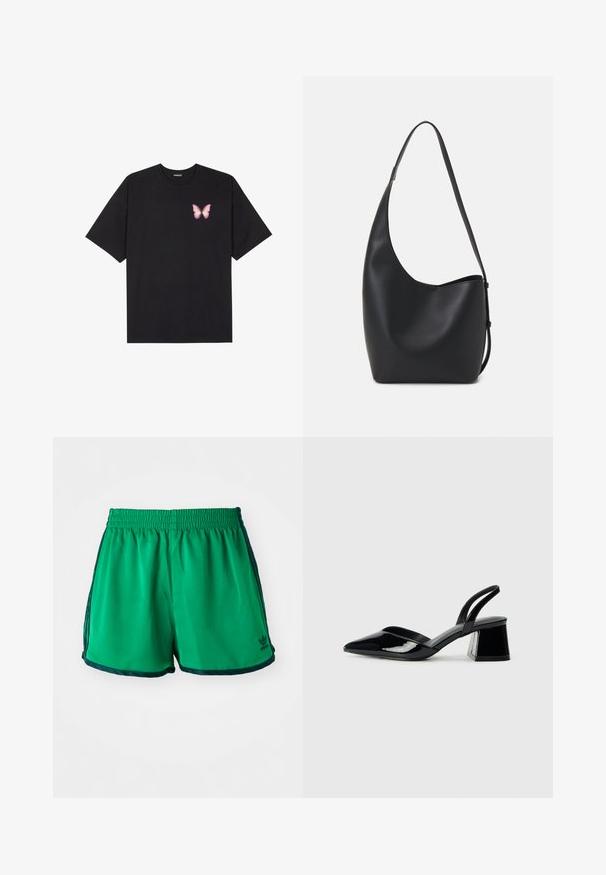 Svart bomulls T-skjorte med korte ermer, med en liten rosa sommerfugl grafikk på venstre bryst. Crew-neck design med en avslappet passform.; Grønne atletiske shorts med en glatt tekstur, elastisk midjebånd og mørkegrønne sidespor. Har Adidas-logoen på nederste kant.; Svarte patentlær slingback hæler med spiss tå og geometrisk blokk hæl. Har et stilrent, minimalistisk design og jevn tekstur.; Svart lær hobo-veske med glatt tekstur, buet form og enkelt justerbart stropp; har en bred åpning på toppen.