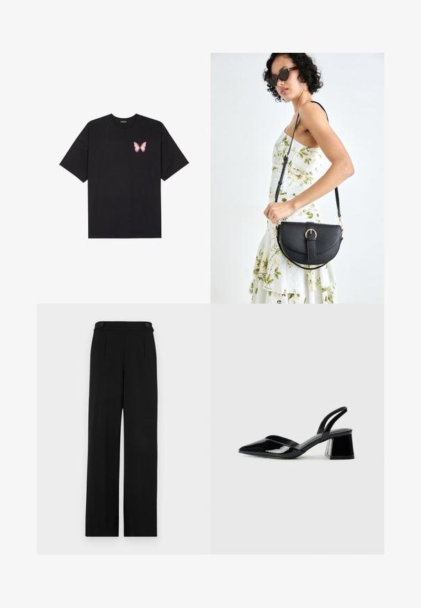 Crna pamučna majica s kratkim rukavima, s malim grafičkim prikazom ružičaste vjetricaste s desne strane na prsima. Dizajn s okruglim izrezom i opuštenim krojem.; Crne široke hlače s ravnim prednjim dijelom, dva dugmeta na struku i glatkom teksturom tkanine. Prilagođeni kroj s plitkim nabranim detaljima za oblik.; Crne lakirane kožne sandale s otvorenom petom i špicastim vrhom, s geometrijskom blok petom. Imaju elegantan, minimalistički dizajn i glatku teksturu.; Crna kožna torba s lukovitim oblikom, odvojivim remenom i zlatnim detaljima. Torba ima preklop s kopčom.