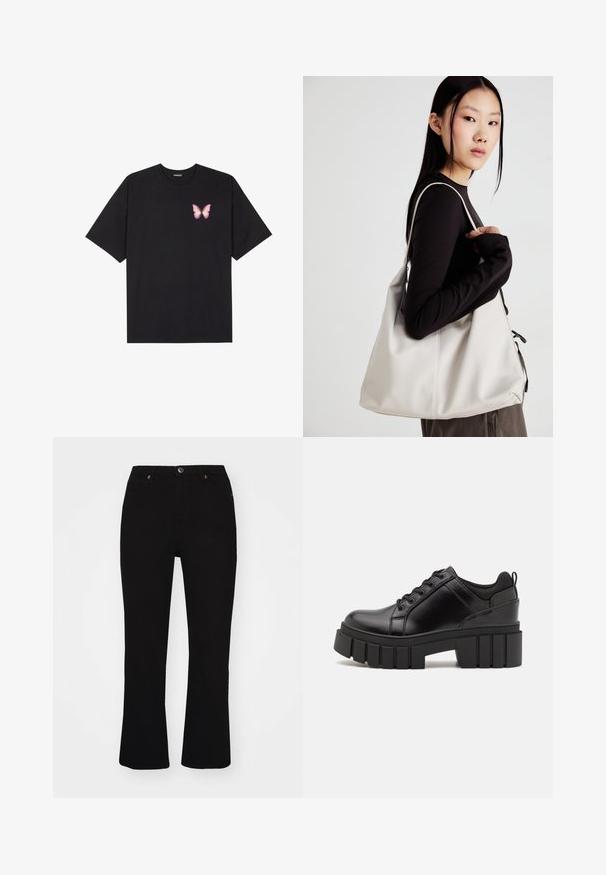Zwarte katoenen t-shirt met korte mouwen, voorzien van een kleine roze vlinder graphic op de linkerkant van de borst. Crew neck ontwerp met een relaxte fit.; Zwarte flared jeans van denim, met voorzakken, een knoopsluiting en subtiele oranje stikdetails. Soepele textuur.; Zwarte leren platform schoenen met een stevige blokhak, ronde neus en een traditionele vetersluiting. Kenmerkt zich door een gladde textuur en minimale details.; Beige handtas gemaakt van zacht materiaal, met een slonzig ontwerp, gestikte details en twee schouderbanden. Geschikt voor dagelijks gebruik.
