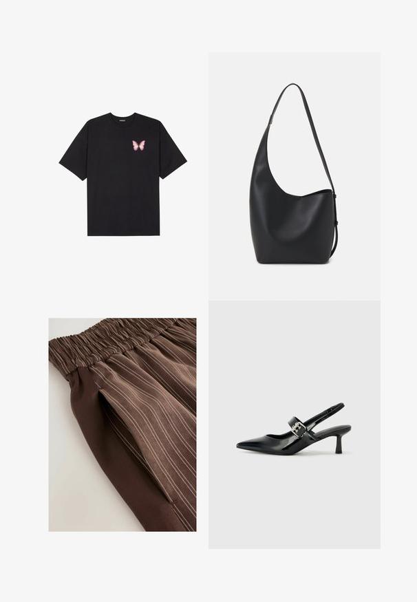T-shirt en coton noir à manches courtes, avec un petit graphique de papillon rose sur la poitrine gauche. Modèle à col rond avec une coupe décontractée.; Jupe plissée marron avec une taille élastique, dotée de rayures verticales de teintes plus claires. Texture lisse, le tissu se drape doucement.; Escarpins slingback en cuir verni noir avec un bout pointu et un petit talon bloc, mettant en avant un accent en boucle argentée sur la sangle.; Sac hobo en cuir noir avec une texture lisse, une forme incurvée et une seule sangle réglable ; dispose d'une large ouverture en haut.