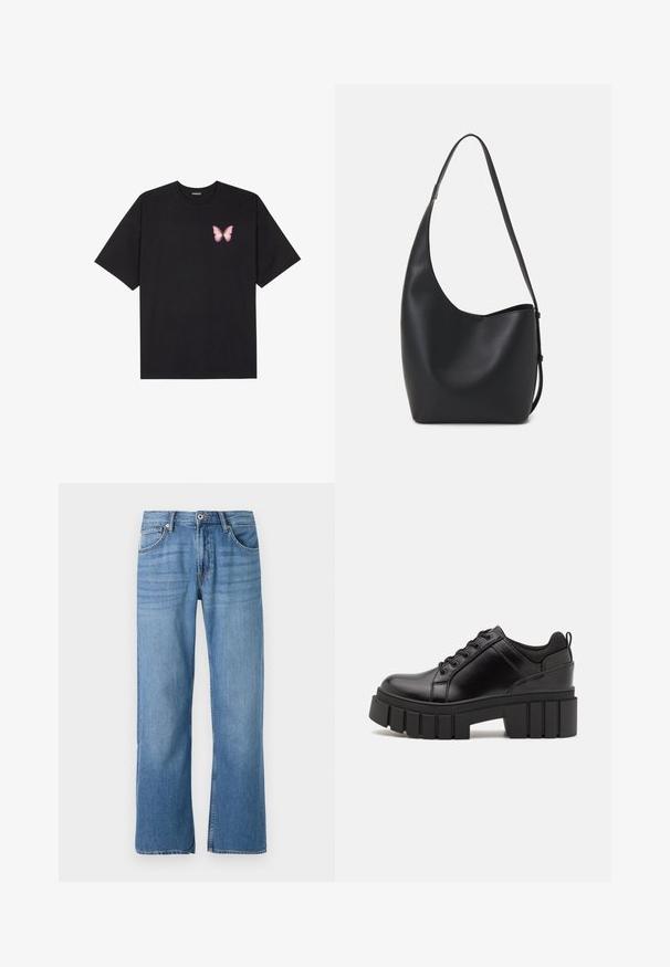 Must muströöpidega must puuvillane T-särk, vasakul rinnal on väike roosa liblikas. Ümar kaelus ja vabalt istuv lõige.; Heledsinine teksapüksid sirge jala disainiga, viie taskuga stiil, ühes nupuga kinnitamine ning äärtesse õmmeldud detailid.; Must musta platvormsussid paksu plokkninal, ümmarguse varbaga ja traditsioonilise nööridega kinnitamisega. Sussid on sileda tekstuuriga ja minimaalsete detailidega.; Mustast nahast hobo kott, millel on sile tekstuur, kumer kuju ja üks reguleeritav rihm; peal on lai avaus.