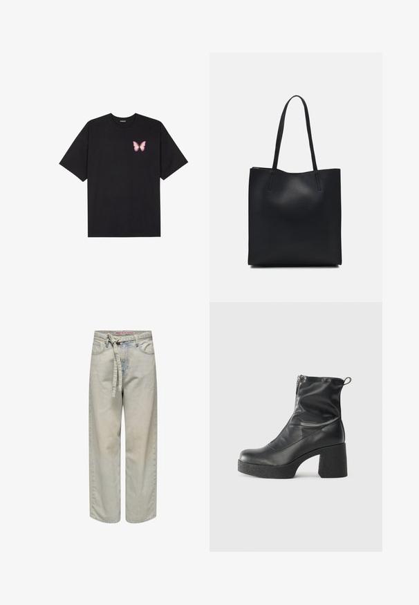 Svart bomulls T-skjorte med korte ermer, med en liten rosa sommerfugl grafikk på venstre bryst. Crew-neck design med en avslappet passform.; Lyseblå vid bukse med belte i livet, med slitte detaljer og klassisk fem-lommers design, laget av denimstoff.; Svarte ankelstøvler laget av glatt lær, med glidelås på siden, chunky strukturert hæl, og rund tå-design.; Svart lær tote bag med glatt tekstur, rektangulær form og to lange håndtak. Ingen synlige deler eller dekorasjoner.