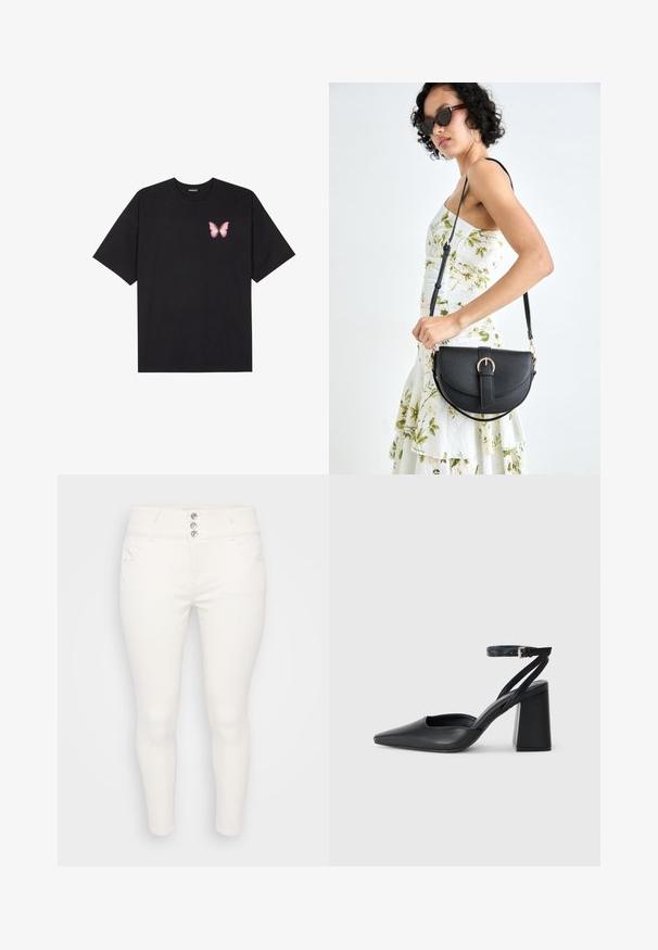 Črna bombažna majica s kratkimi rokavi, ki ima majhen roza metuljček na levi strani prsnega dela. Majica s krožnim ovratnikom in sproščenim krojem.; Bele skinny jeans iz denima, ki imajo visok pas, zasnovo s petimi žepi in sprednje zapiranje s tremi gumbi. Gladka tekstura po celotni površini.; Črne usnjene klasične čevlje z ostrim nosom, z zaponko za gleženj in debelim peto. Ravna tekstura, eleganten dizajn in minimalistična estetika.; Črna usnjena torbica s ukrivljeno obliko, z odstranljivo naramnico in zlatimi dodatki. Torbica ima pokrov s podrobnostmi v obliki zaponke.