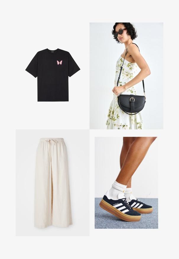 Schwarzes Baumwoll-T-Shirt mit kurzen Ärmeln, das ein kleines pinkes Schmetterlingsmotiv auf der linken Brust zeigt. Crewneck-Design mit einem entspannten Schnitt.; Weite, cremefarbene Hosen mit elastischem Bund und Kordelzug. Glattes, leichtes Leinenmaterial, ohne sichtbare Muster oder Beschläge.; Schwarze Wildledersneaker mit weißen Streifen und Akzenten, rundlicher Zehenbereich, Sohlen aus braunem Gummi, kombiniert mit weißen, gerippten Sneakersocken.; Schwarze Lederhandtasche mit geschwungener Form, abnehmbarem Tragegurt und goldenen Beschlägen. Die Tasche verfügt über einen Deckel mit einer Schnallen-Details.