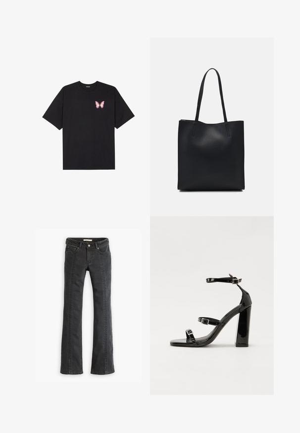 T-shirt nera in cotone con maniche corte, caratterizzata da una piccola grafica di una farfalla rosa sul lato sinistro del petto. Design a girocollo con una vestibilità rilassata.; Jeans svasati in denim nero con cinque tasche, passanti per cintura e cuciture a contrasto lungo le cuciture frontali. Texture morbida e vita standard.; Sandali con tacco in vernice nera, con punta squadrata, cinturini alla caviglia e fibbie in argento. Presentano un tacco a blocco spesso per maggiore stabilità.; Borsa tote in pelle nera con texture liscia, forma rettangolare e due manici lunghi. Nessun hardware o decorazione visibile.