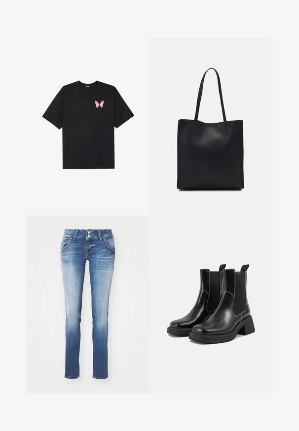 Crna pamučna majica s kratkim rukavima, s malim grafičkim prikazom ružičaste vjetricaste s desne strane na prsima. Dizajn s okruglim izrezom i opuštenim krojem.; Uske slim-fit plave traperice s izblijedjelim pranje. Ima dvije prednje džepove i kopčanje na gumb, uz blabe žigove blizu rubova.; Crne kožne Chelsea čizme s debelim potplatom, elastičnim bočnim panelima i kontrastnim bijelim šavovima. Teksturirana površina.; Crna kožna torba za nošenje s glatkom teksturom, pravokutnim oblikom i dvije duge ručke. Nema vidljivih metalnih dijelova ili ukrasa.