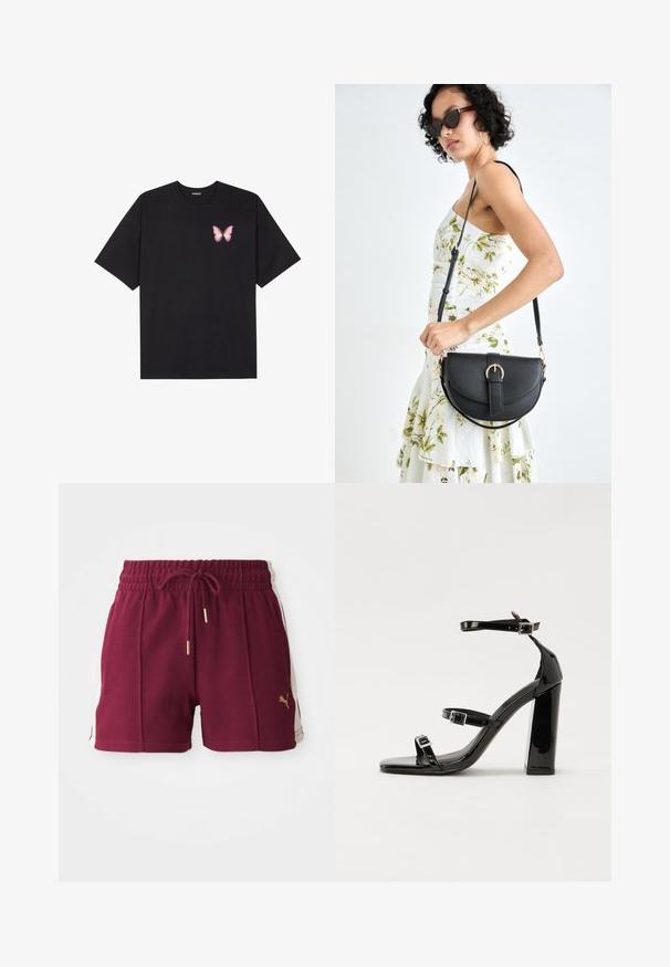T-shirt en coton noir à manches courtes, avec un petit graphique de papillon rose sur la poitrine gauche. Modèle à col rond avec une coupe décontractée.; Shorts de sport bordeaux en tissu texturé, avec une taille élastique, un cordon de serrage et des panneaux latéraux crèmes comportant un détail de logo doré.; Sandales à talons hauts en cuir verni noir avec deux brides à boucles, bout carré et talon bloc épais, présentant une texture lisse et brillante.; Sac à main en cuir noir avec une forme courbée, bandoulière amovible et des accessoires en or. Le sac est doté d'un rabat avec un détail de boucle.