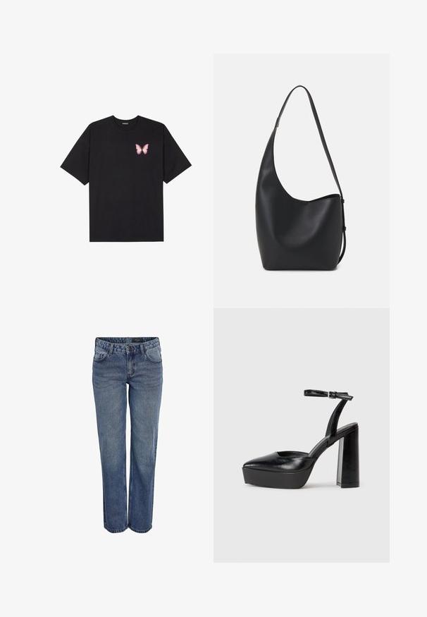 T-shirt de algodão preto com mangas curtas, apresentando um pequeno gráfico de borboleta rosa no lado esquerdo do peito. Design de gola redonda com um corte solto.; Jeans de ganga azul com corte reto, apresentando um design clássico de cinco bolsos, costuras subtis e fecho de botão.; Saltos altos pretos com bico fino e atilho ajustável no tornozelo. Confeccionados em couro suave, apresentam um salto bloco robusto.; Saco hobo preto em pele com uma textura lisa, forma curva e uma única alça ajustável; apresenta uma abertura larga na parte de cima.