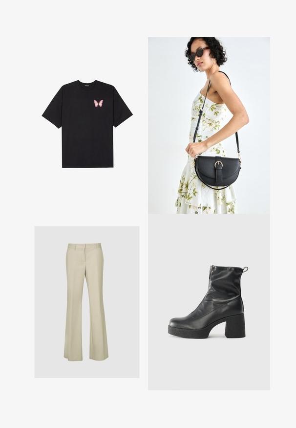 Črna bombažna majica s kratkimi rokavi, ki ima majhen roza metuljček na levi strani prsnega dela. Majica s krožnim ovratnikom in sproščenim krojem.; Bež široke hlače iz gladkega materiala, s srednje visokim pasom, šivnimi detajli in brez vidne opreme ali vzorcev.; Črne gležnjarje iz gladke kože z božnim zadrgo, masivnim teksturiranim peto in zaobljeno obliko prstov.; Črna usnjena torbica s ukrivljeno obliko, z odstranljivo naramnico in zlatimi dodatki. Torbica ima pokrov s podrobnostmi v obliki zaponke.