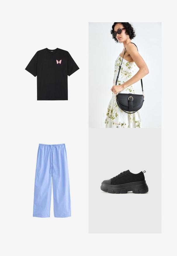 Black cotton t-shirt with short sleeves, featuring a small pink butterfly graphic on the left chest. Crew neck design with a relaxed fit.; Light blue, wide-leg pants made of a soft fabric with vertical white stripes. Features an elastic waistband with a drawstring for adjustment.; Black sneakers with a chunky rubber sole, textured fabric upper, round toe, and lace-up design. Features reinforced eyelets and back pull tab.; Black leather handbag with a curved shape, detachable strap, and gold hardware. The bag features a flap with a buckle detail.