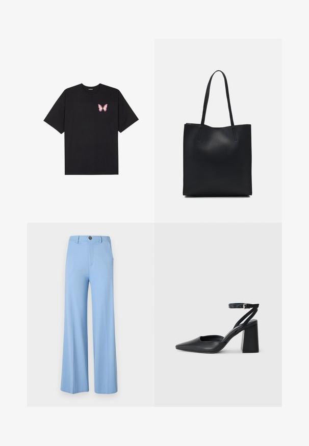 Black cotton t-shirt with short sleeves, featuring a small pink butterfly graphic on the left chest. Crew neck design with a relaxed fit.; Light blue wide-leg pants made from a smooth fabric, featuring a button closure and front pockets. Clean, tailored design with no patterns.; Black leather pointy-toe pump with an ankle strap and a chunky heel. Flat texture, sleek design, and minimalistic aesthetics.; Black leather tote bag with smooth texture, rectangular shape, and two long handles. No visible hardware or embellishments.
