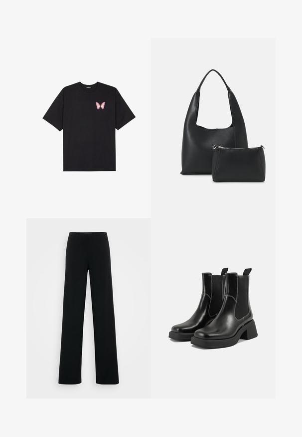 Fekete pamut póló rövid ujjakkal, bal mellkason egy kis rózsaszín pillangó grafikával. Kerek nyakú kialakítás, laza fazonnal.; Vero Moda Tall VMBERLIN ZAMIRA WIDE - Nadrágok - black; Fekete bőr Chelsea csizmák masszív sarkakkal, rugalmas oldalsó panelekkel és kontrasztos fehér varrással. Texturált felület.; Even&Odd Kézitáska - black
