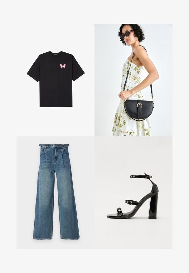 Black cotton t-shirt with short sleeves, featuring a small pink butterfly graphic on the left chest. Crew neck design with a relaxed fit.; Wide-leg denim jeans in light blue. Features a high waist, belt loops, pleated front, and classic five-pocket design. Distressed texture.; Black patent high-heeled sandals with two buckle straps, square toe, and a chunky block heel, featuring a smooth, glossy texture.; Black leather handbag with a curved shape, detachable strap, and gold hardware. The bag features a flap with a buckle detail.