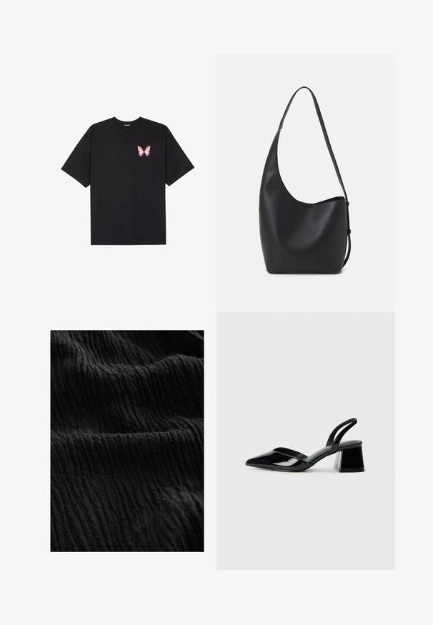 Čierne bavlnené tričko s krátkymi rukávmi, s malým ružovým motýlikom na ľavej hrudi. Design s okrúhlym výstrihom a uvoľneným strihom.; Čierna textúrovaná tkanina s pokrčeným povrchom, ktorá má výrazné línie a variácie v hĺbke, čo naznačuje mäkký materiál.; Čierne lakované kožené sandálové podpätky s špicatou špičkou a geometrickým blokovým podpätkom. Disponujú elegantným, minimalistickým dizajnom a hladkým povrchom.; Čierna kožená hobo taška so hladkou textúrou, zakriveným tvarom a jedným nastaviteľným popruhom; má široké otvorenie na vrchu.