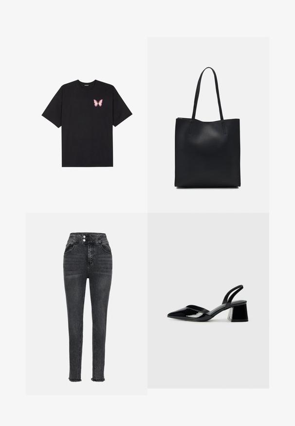 Black cotton t-shirt with short sleeves, featuring a small pink butterfly graphic on the left chest. Crew neck design with a relaxed fit.; High-waisted black denim jeans with a slim fit, featuring two front pockets, a zip fly with two buttons, and frayed hem detailing.; Black patent leather slingback heels with a pointed toe and a geometric block heel. Features a sleek, minimal design and smooth texture.; Black leather tote bag with smooth texture, rectangular shape, and two long handles. No visible hardware or embellishments.