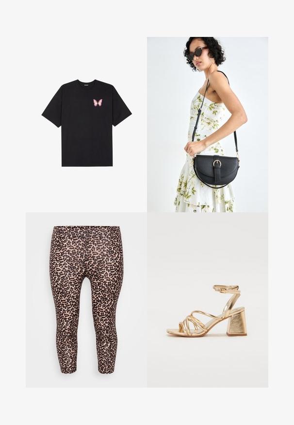 Fekete pamut póló rövid ujjakkal, bal mellkason egy kis rózsaszín pillangó grafikával. Kerek nyakú kialakítás, laza fazonnal.; Leopárdmintás leggings, testhez simuló fazonnal, rugalmas derékkal, sima textúrával, világos bézs háttérrel, sötétbarna foltokkal.; Arany fémes sarkú szandál, mely jellemzője a pántos dizájn, négyzet alakú blokk sarok és állítható bokaheveder csattal. Sima textúra.; Fekete bőrtáska ívelt formával, levehető pánttal és arany színű fémrészekkel. A táskán egy csattal díszített fedél található.