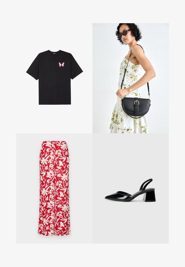 Crna pamučna majica s kratkim rukavima, s malim grafičkim prikazom ružičaste vjetricaste s desne strane na prsima. Dizajn s okruglim izrezom i opuštenim krojem.; Crvena cvjetna maksi suknja izrađena od lagane tkanine. Sadrži velike bijele cvjetne uzorke i ima uski struk, pružajući ravnu siluetu.; Crne lakirane kožne sandale s otvorenom petom i špicastim vrhom, s geometrijskom blok petom. Imaju elegantan, minimalistički dizajn i glatku teksturu.; Crna kožna torba s lukovitim oblikom, odvojivim remenom i zlatnim detaljima. Torba ima preklop s kopčom.
