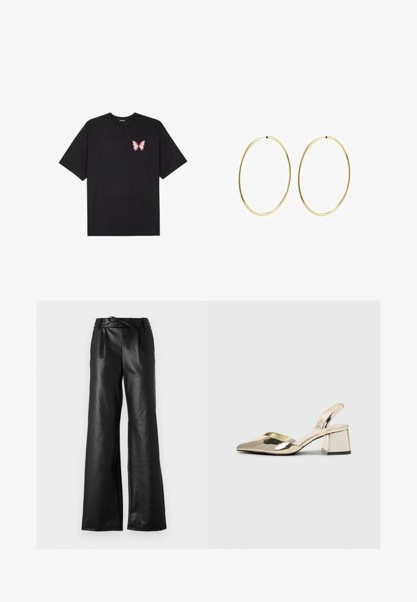 Juodas medvilnės marškinėliai trumpomis rankovėmis, su maža rožine drugelio grafika kairėje krūtinės pusėje. Apvalus kaklo iškirpimas, laisvas kirpimas.; Juodi dirbtinės odos plačios kojos kelnių modeliai su aukštu liemeniu, turi raukšles, užsegimą su raišteliu ir lygų, blizgantį paviršių.; Auksiniai, metaliniai slingback aukštakulniai bateliai su smailiu pirštu ir masyviu kulnu. Lygus paviršius, minimalizmo dizainas ir siaura juostelė.; Aukso žiediniai auskarai su lygiu, suapvalintu dizainu. Ploni ir lengvi, su nuolatiniu kilpeliu be jokio papuošimo.