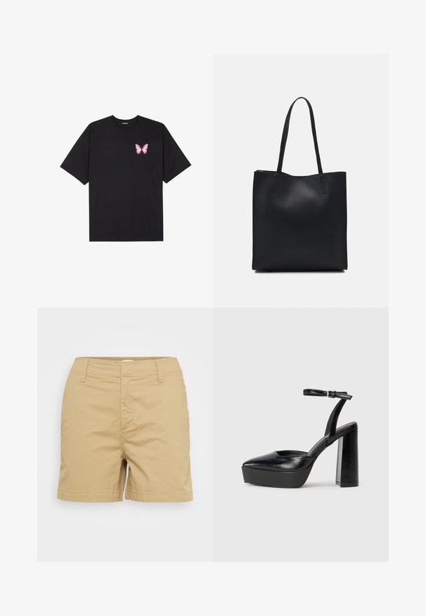 Must muströöpidega must puuvillane T-särk, vasakul rinnal on väike roosa liblikas. Ümar kaelus ja vabalt istuv lõige.; Kahvatooni puuvillased lühikesed püksid, millel on kohandatud disain, ees olevad taskud ja vööämbrid, sile tekstuur ning sirge alläär.; Mustad platvormi kontsad terava ninaga ja reguleeritava pahkluuraamiga. Valmistatud siledast nahast, funktsioneerib massiivse plokknäheeliga.; Mustast nahast kott sujuva tekstuuriga, ristkülikukujuline ja kahe pika sangaga. Pole nähtavat riistvara ega kaunistusi.