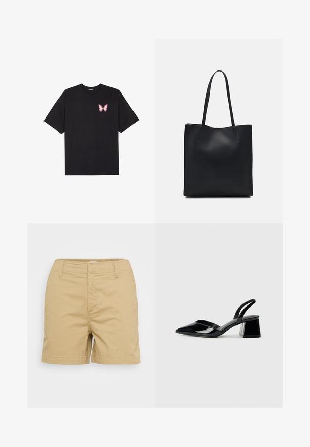 Juodas medvilnės marškinėliai trumpomis rankovėmis, su maža rožine drugelio grafika kairėje krūtinės pusėje. Apvalus kaklo iškirpimas, laisvas kirpimas.; Šviesiai rudos medvilninės šortai su pritaikytu dizainu, turintys priekinės kišenes ir dirželio kilpas, lygų paviršių ir tiesią apatinę kraštinę.; Juodos lakuotos odinės šlepetės su smailiu pirštu ir geometriniu bloko kulnu. Turi elegantišką, minimalistinį dizainą ir lygų paviršių.; Juodas odinis tote krepšys su lygia tekstūra, stačiakampio formos ir dviem ilgais rankenomis. Matomų metalinių detalių ar puošybos nėra.