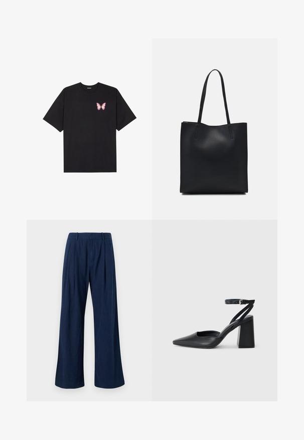 T-shirt en coton noir à manches courtes, avec un petit graphique de papillon rose sur la poitrine gauche. Modèle à col rond avec une coupe décontractée.; Pantalon large marine en tissu léger, avec une taille haute, des plis et des coutures nettes. Texture douce et coupe ajustée.; Escarpin noir en cuir à bout pointu avec une bride de cheville et un talon épais. Texture lisse, design élégant et esthétique minimaliste.; Sac fourre-tout en cuir noir avec une texture lisse, de forme rectangulaire et deux longues poignées. Pas de matériel ou d'ornementations visibles.