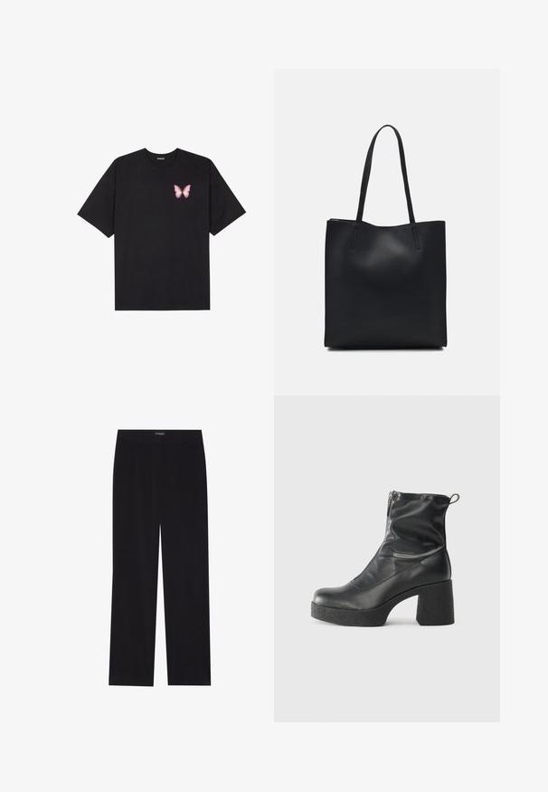 Black cotton t-shirt with short sleeves, featuring a small pink butterfly graphic on the left chest. Crew neck design with a relaxed fit.; Black corduroy trousers with a straight cut, featuring a flat waistband and no visible pockets, smooth texture, and vertical ribbing detail.; Black ankle boots made of smooth leather, featuring a side zipper, chunky textured heel, and rounded toe design.; Black leather tote bag with smooth texture, rectangular shape, and two long handles. No visible hardware or embellishments.