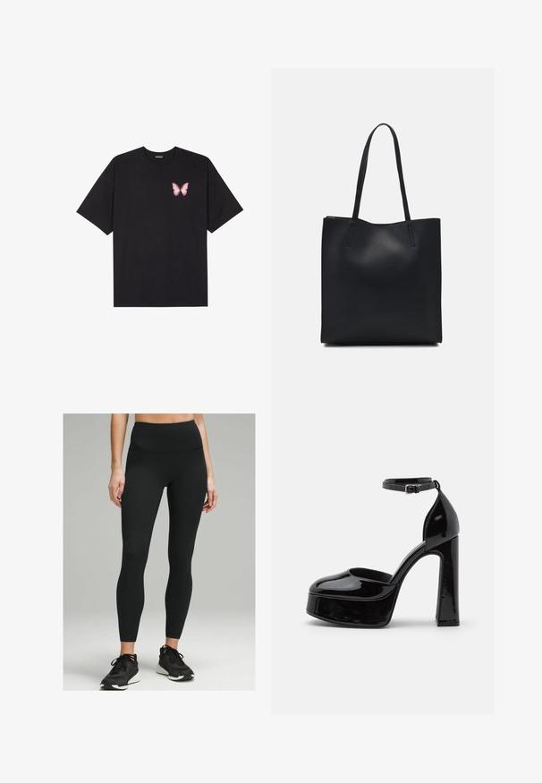 T-shirt en coton noir à manches courtes, avec un petit graphique de papillon rose sur la poitrine gauche. Modèle à col rond avec une coupe décontractée.; Leggings noires côtelées avec une taille haute et un design ajusté, accompagnées de chaussures de sport noires avec une semelle blanche.; Talons compensés en cuir verni noir avec une bride à la cheville, bout arrondi et talon épais, affichant une texture lisse et brillante.; Sac fourre-tout en cuir noir avec une texture lisse, de forme rectangulaire et deux longues poignées. Pas de matériel ou d'ornementations visibles.