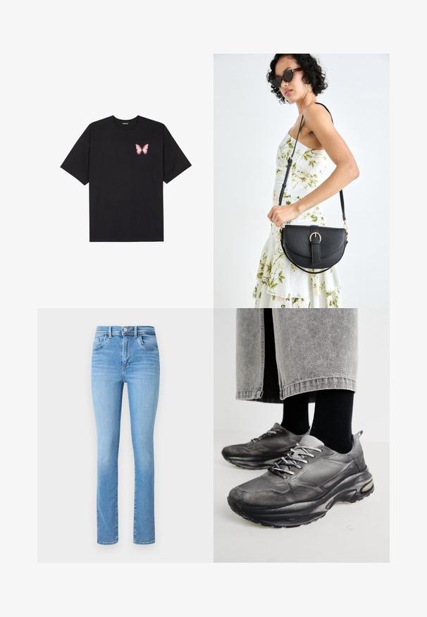 Črna bombažna majica s kratkimi rokavi, ki ima majhen roza metuljček na levi strani prsnega dela. Majica s krožnim ovratnikom in sproščenim krojem.; Svijetloplave traperice s ravnim krojem, visokim strukom, klasičnim pet džepova i suptilnim detaljima izblijeđenosti.; Črne in sive športne čevlje imajo mrežast zgornji del, debele podplate in vezalke. Imajo zaobljen nos in opazne podrobnosti oblazinjenja.; Črna usnjena torbica s ukrivljeno obliko, z odstranljivo naramnico in zlatimi dodatki. Torbica ima pokrov s podrobnostmi v obliki zaponke.